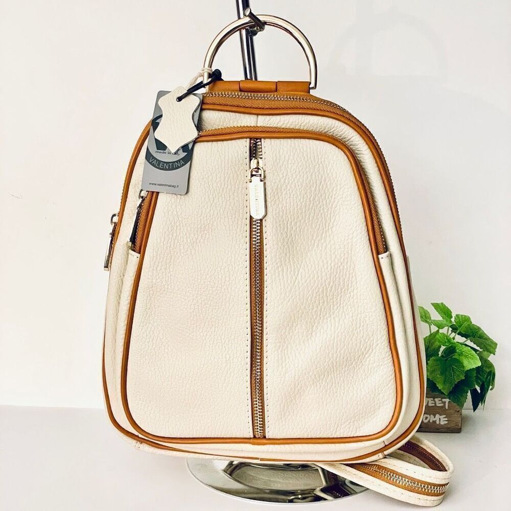 NWT Valentina Genuine Ivory & Tan Pebble Italian Leather Convertible Backpack